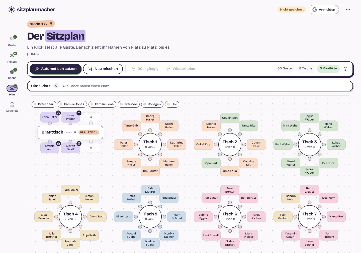 Sitzplanmacher mit acht Tischen, Brauttisch und runden Gästetischen, Gäste farbig nach Gruppen, mit der Schaltfläche Automatisch setzen